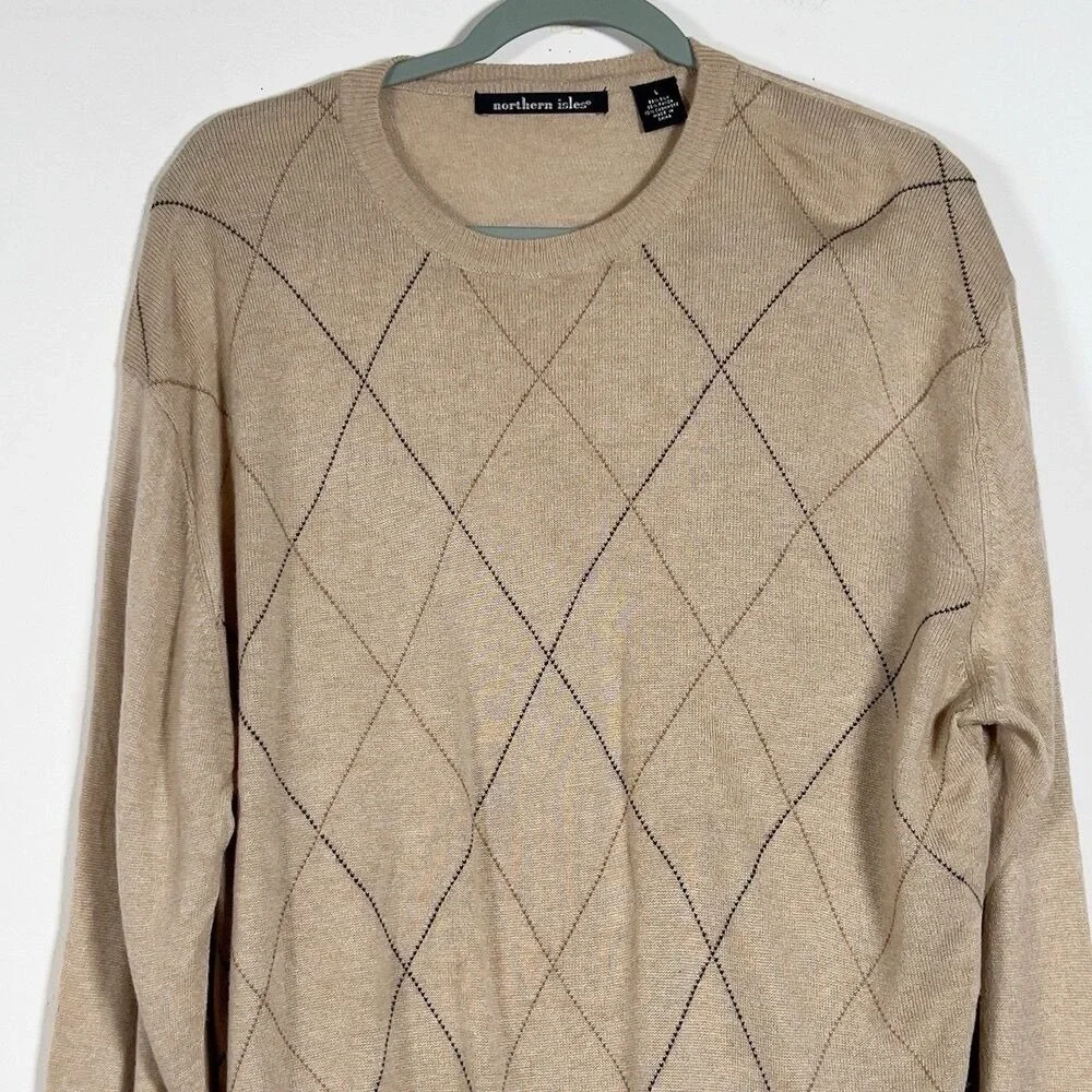Northern Isles Silk Cashmere Argyle Sweater Mens Sz L Crew Neck‎ Long Sleeve